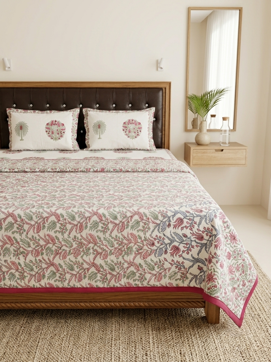 Pink Floral Cotton Dohar Set with Bedsheet – 4 PC Double Bed