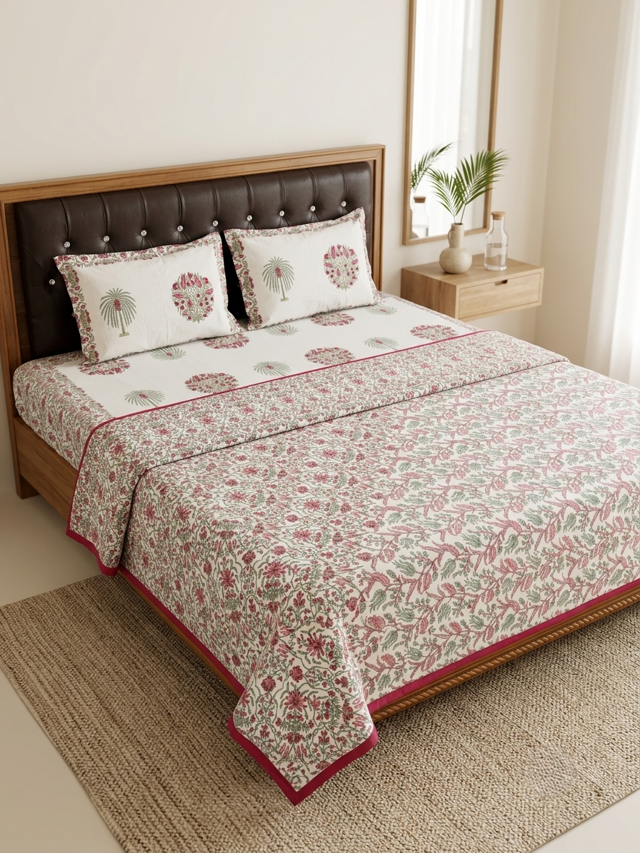 A neatly made bed in a bedroom setting featuring a cream-colored cotton quilt set with a pink and green floral pattern, matching pillowcases, and a solid pink border. The bed is styled with a dark brown tufted headboard, a wooden nightstand, and a woven rug.