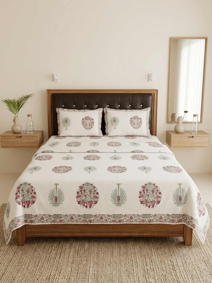 Pink Floral Cotton Dohar Set with Bedsheet – 4 PC Double Bed