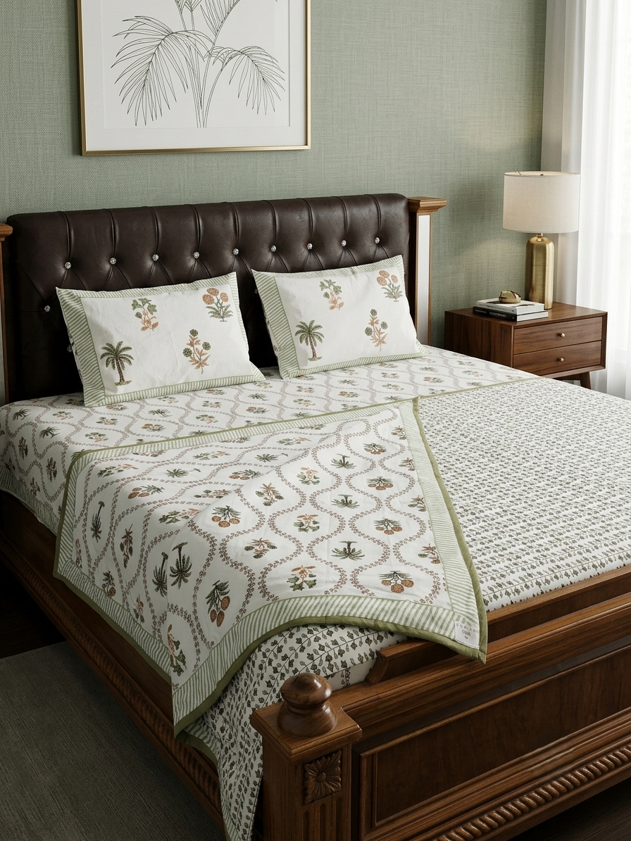 A neatly made bed in a styled bedroom, featuring a cream-colored quilted blanket and matching pillow shams with green and brown botanical palm tree patterns, set against a dark brown tufted headboard and a wooden nightstand.
