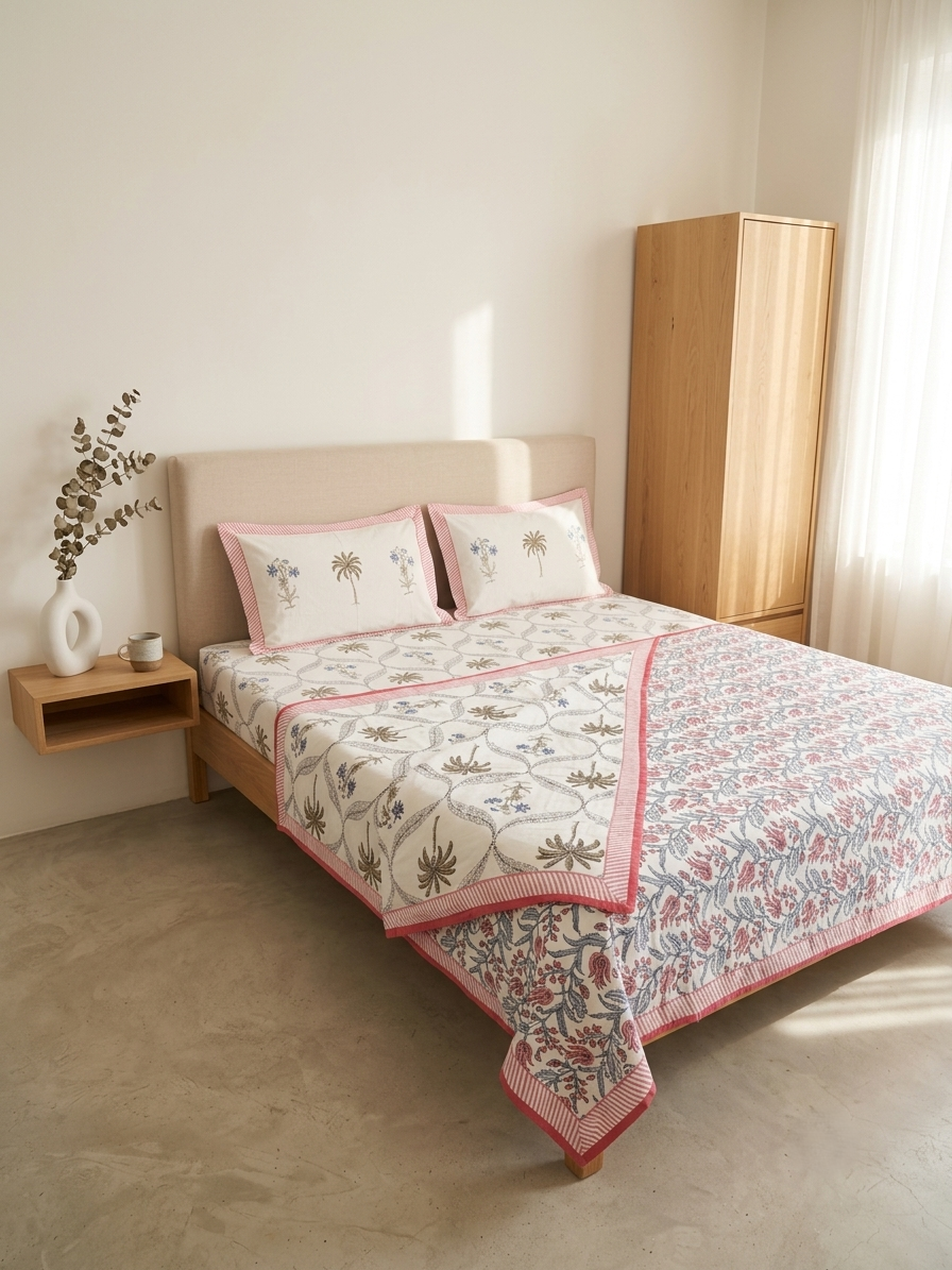 Pink Botanical Premium Cotton Dohar Set with Bedsheet – 4 PC Double Bed Set