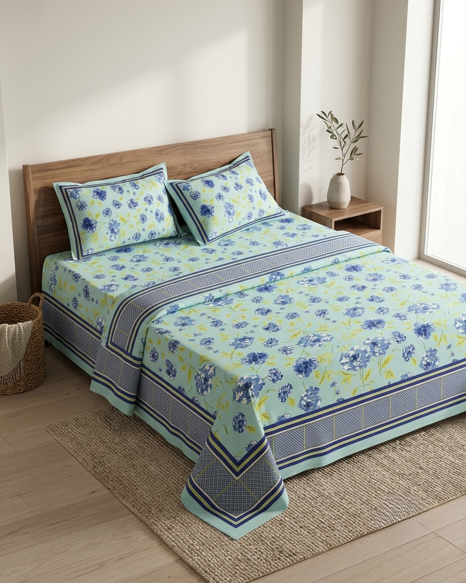 Sky Bloom Floral Bedsheet Set with 2 Pillow Covers | Soft Cotton Feel Double Bed Sheet - FaagHomes