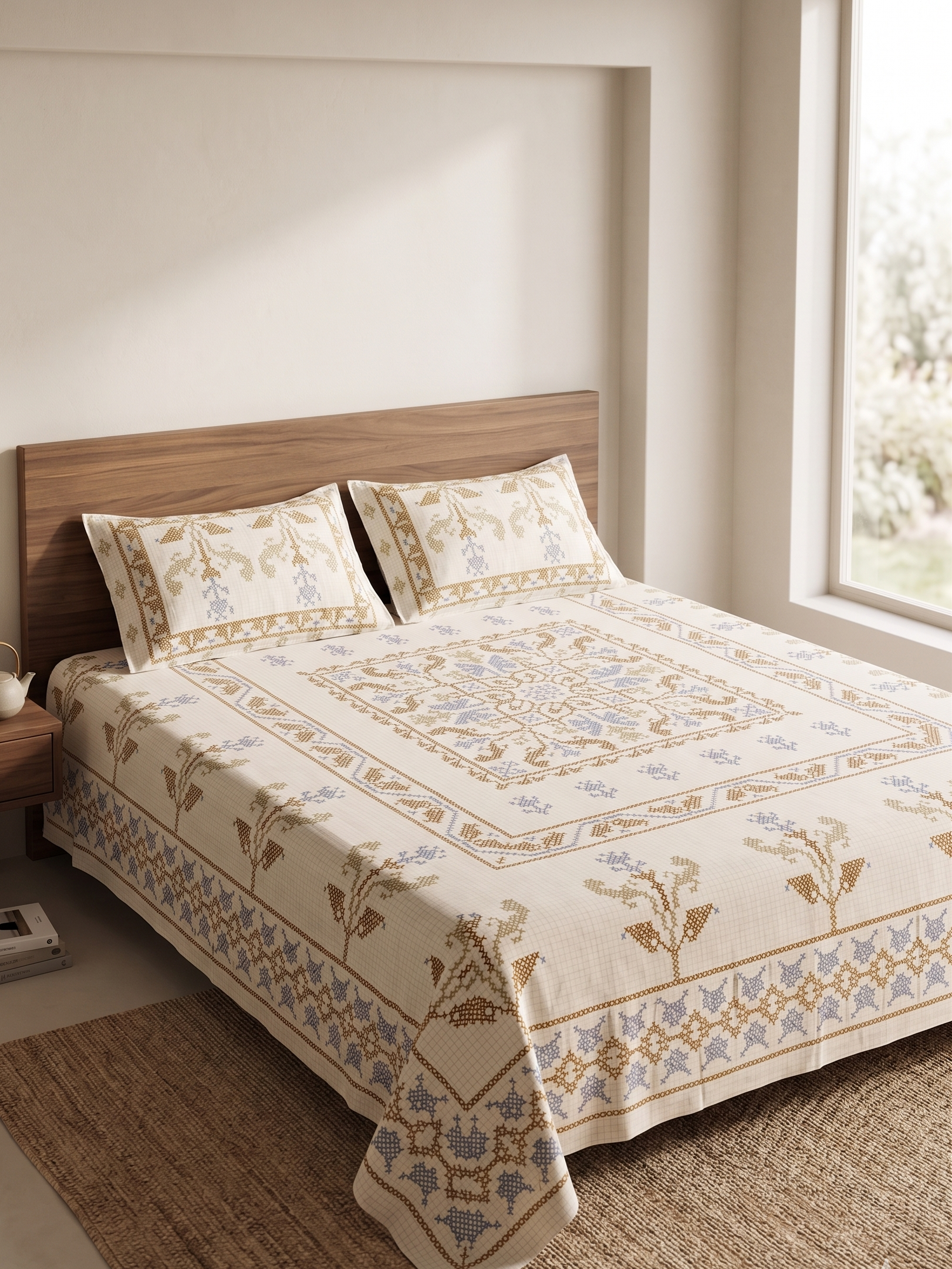Premium Cotton Ethnic Geometric Print Double Bedsheet with 2 Pillow Covers – Soft Traditional Bed Sheet Set for Queen &amp; King Size Beds - FaagHomes