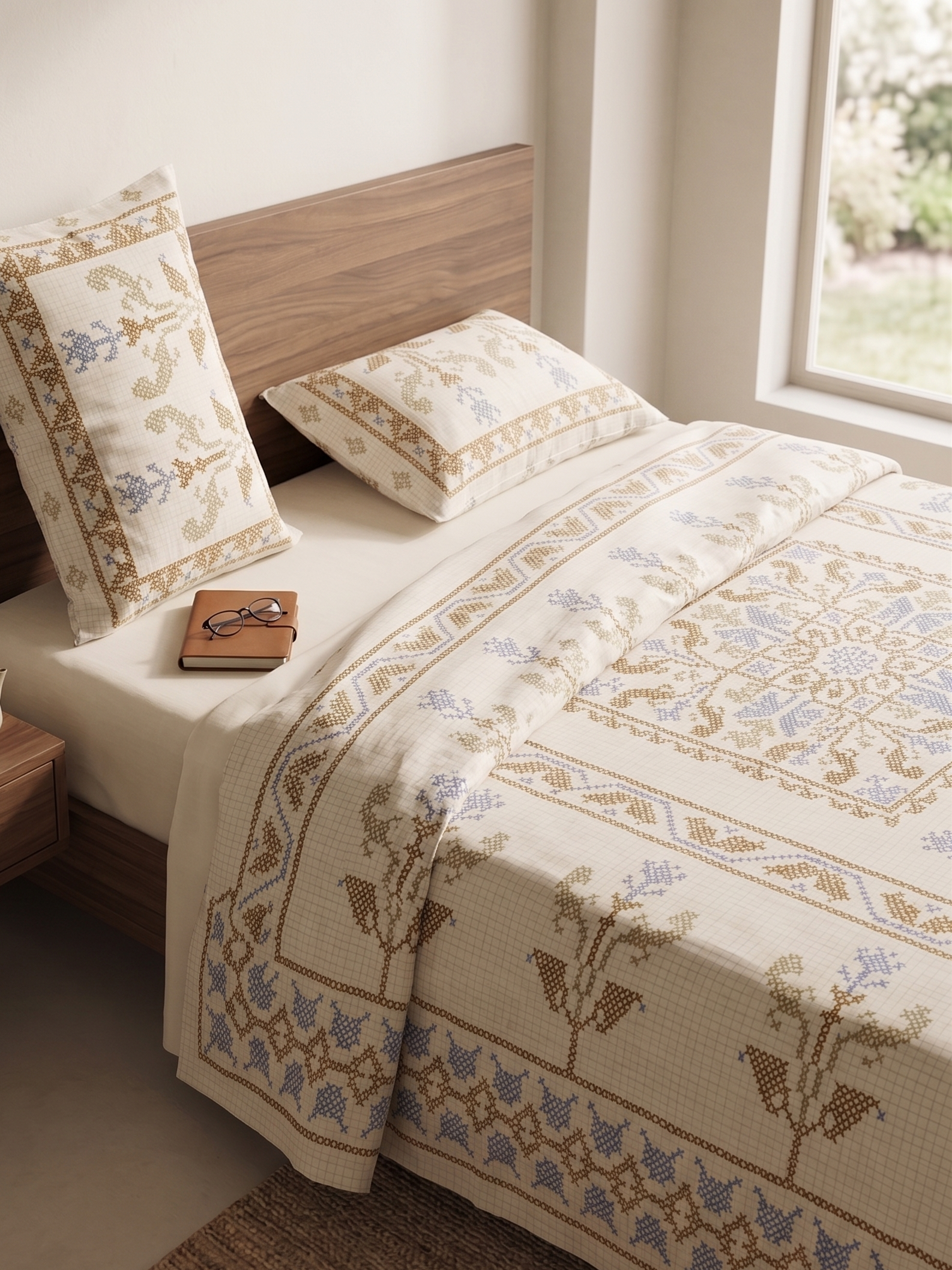 Premium Cotton Ethnic Geometric Print Double Bedsheet with 2 Pillow Covers – Soft Traditional Bed Sheet Set for Queen &amp; King Size Beds