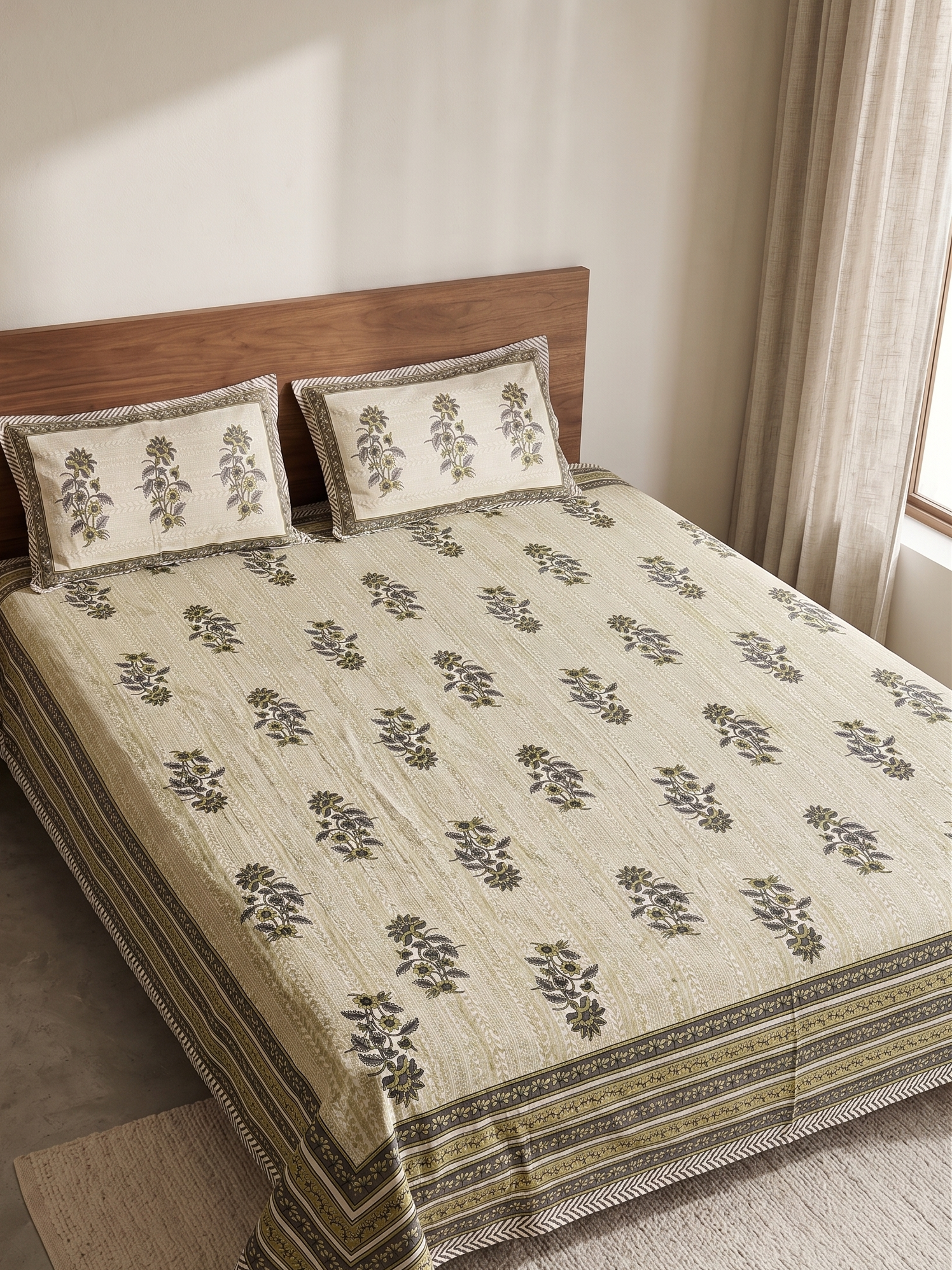 Beige & Olive Floral Cotton Bedsheet with 2 Pillow Covers | Elegant Ethnic Printed Double Bed Bedding Set - FaagHomes