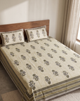 Beige & Olive Floral Cotton Bedsheet with 2 Pillow Covers | Elegant Ethnic Printed Double Bed Bedding Set - FaagHomes